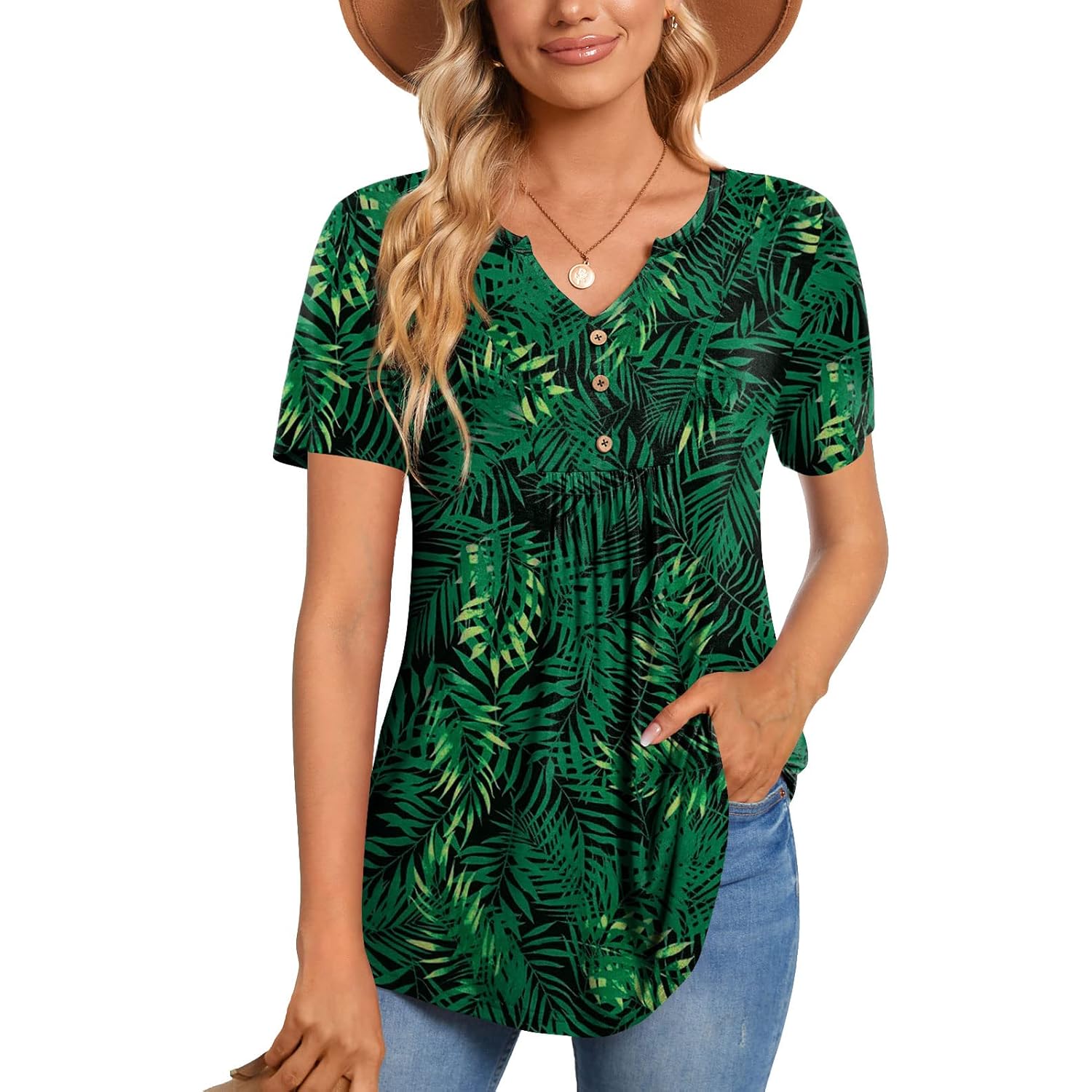 Womens Short Sleeve Tunic Tops Henley Shirt V Neck Button Up Blouse Casual Pleated Basic Pullover