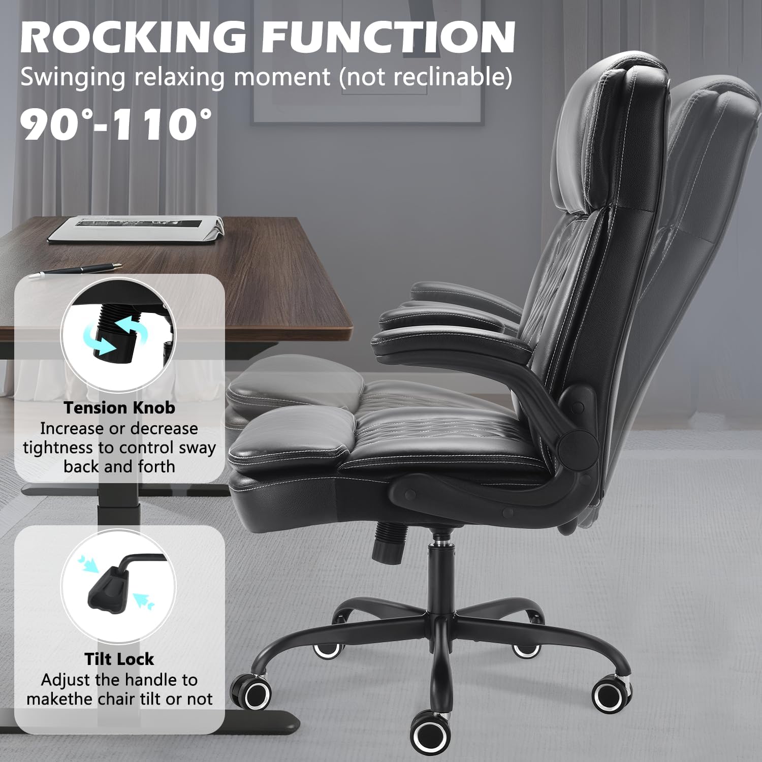 450Lbs Big And Tall Executive Office Chair With Flip Up Arm, Heavy Duty Pu Leather Computer Desk Chair,Comfortable High Back Swivel Home Office Chair With Rolling For Adults,Spring Cushion,Metal Base