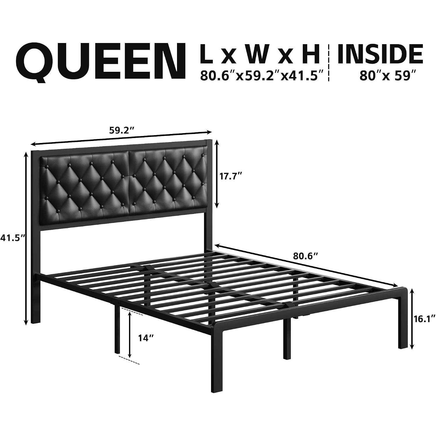Queen Bed Frame With Headboard Pu Leather Upholstered Bed Frame Platform,All Metal Slats Support Platform Bed Frame With Storage Space,Easy Assembly,Noise Free,No Box Spring Needed,Black