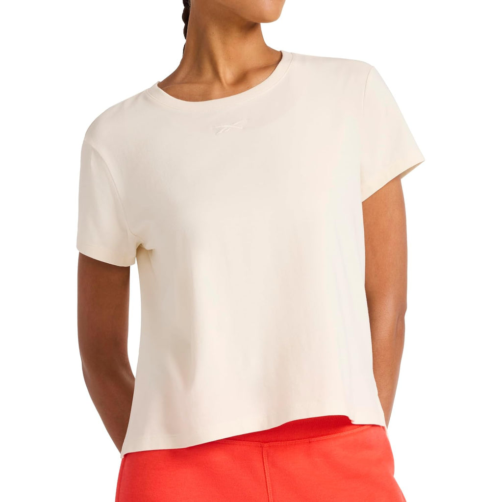 Reebok Women's Embroidery Hit Graphic Crewneck T-Shirt, Standard Fit, Lightweight Stretch Cotton Fabric Alabaster