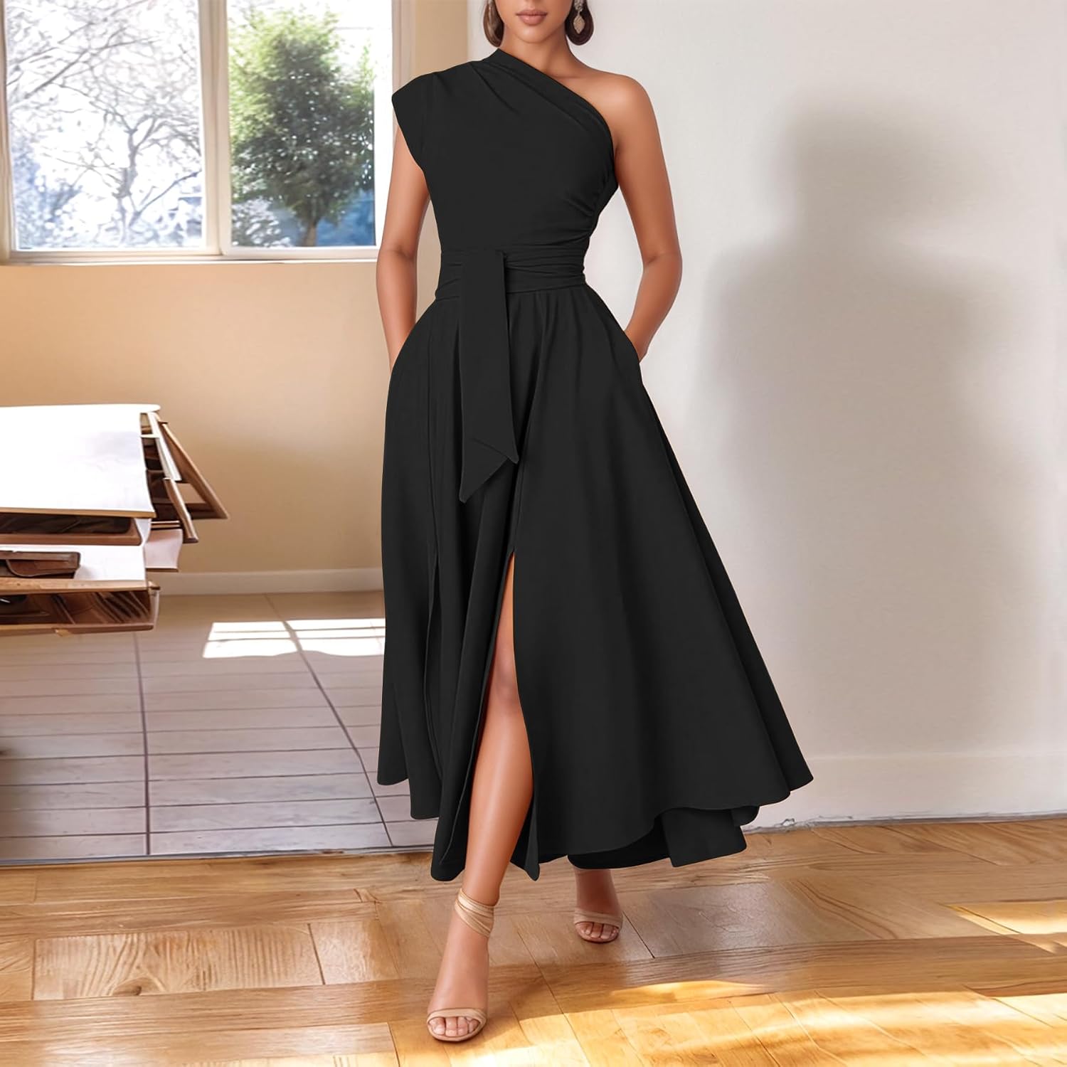 Kwunbwa One Shoulder Dresses For Women Elegant Asymmetrical A Line Flowy Formal Evening Gowns Party Cocktail Dress