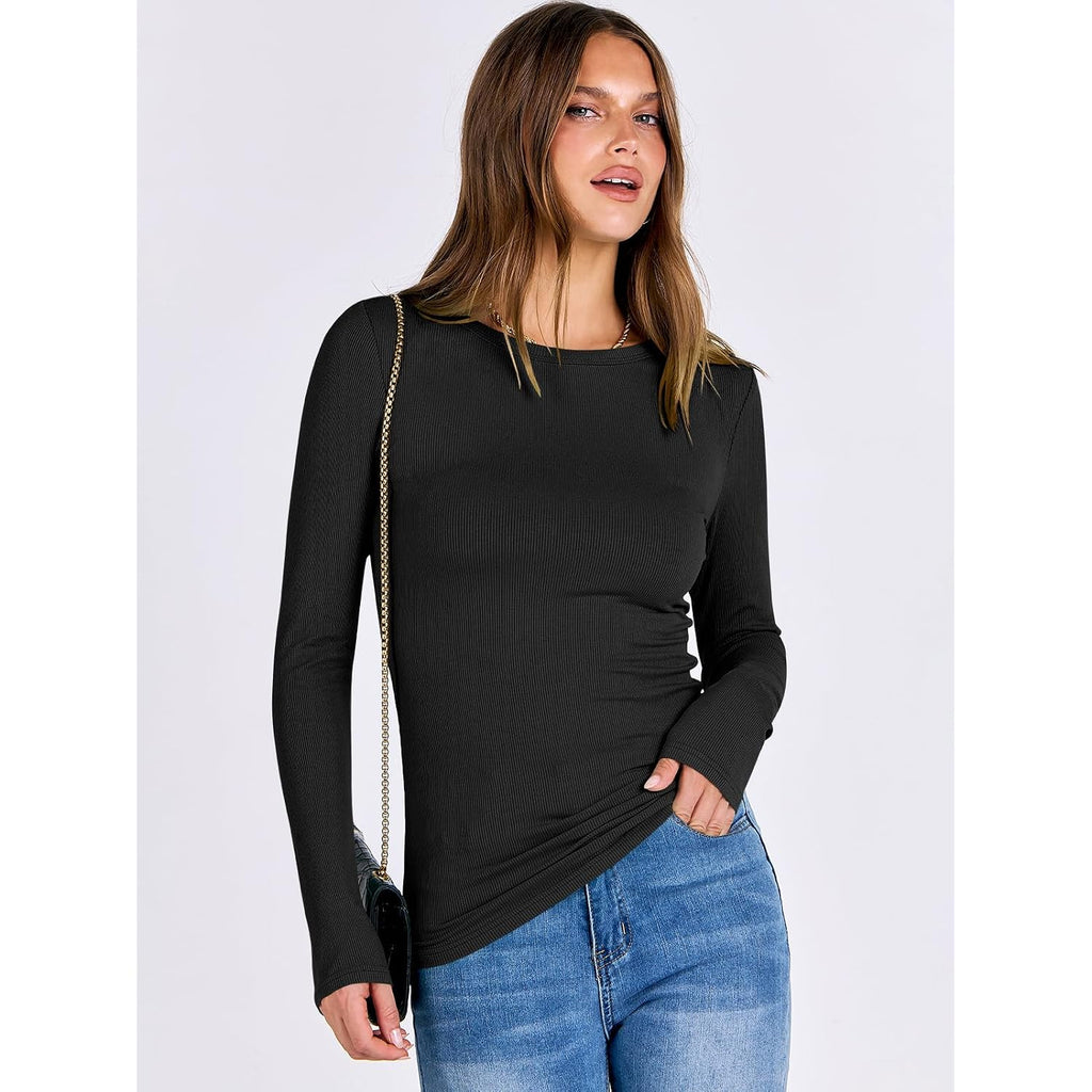 Anrabess Women Long Sleeve Shirts Rib Knit Slim Fit Tops Basic Tee Spring Outfits Casual T-Shirt Underscrubs Layer Clothes