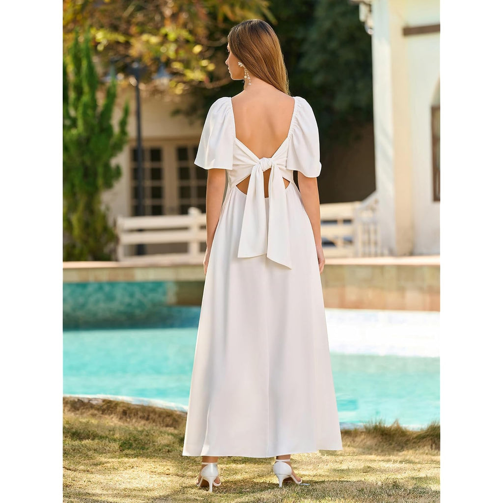 Kutumai Summer Maxi Dresses For Women 2026 V Neck Short Sleeve Bow Tie Flowy Long Formal Wedding Guest Dress With Pockets