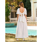 Kutumai Summer Maxi Dresses For Women 2026 V Neck Short Sleeve Bow Tie Flowy Long Formal Wedding Guest Dress With Pockets