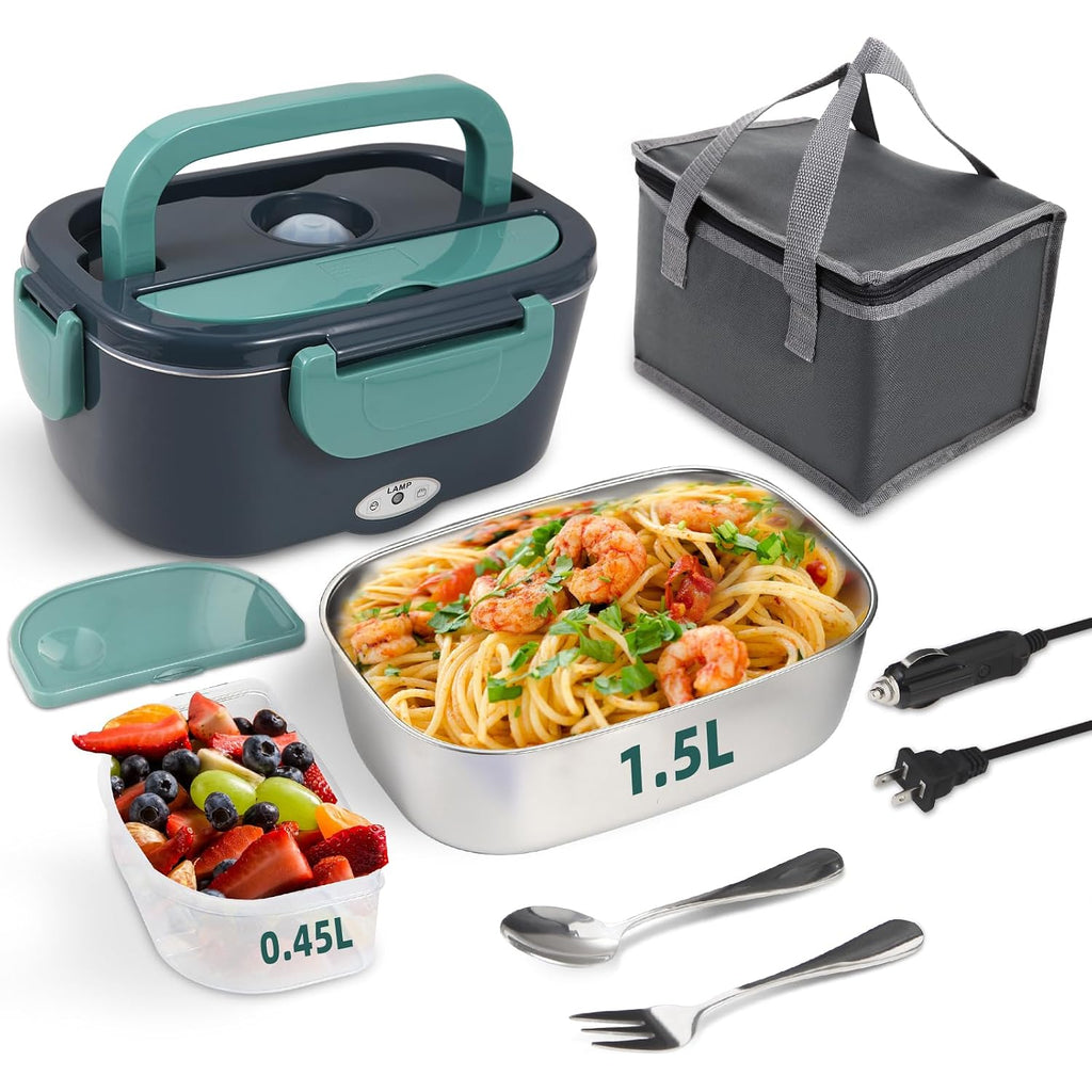 Electric Lunch Box Food Heater, 80W Portable Warmer For Car Truck Work With 304 Stainless Steel Container, 12V/24V/110V Green Heated Lunch Box Suitable For Ideal Driver/Work/Gift