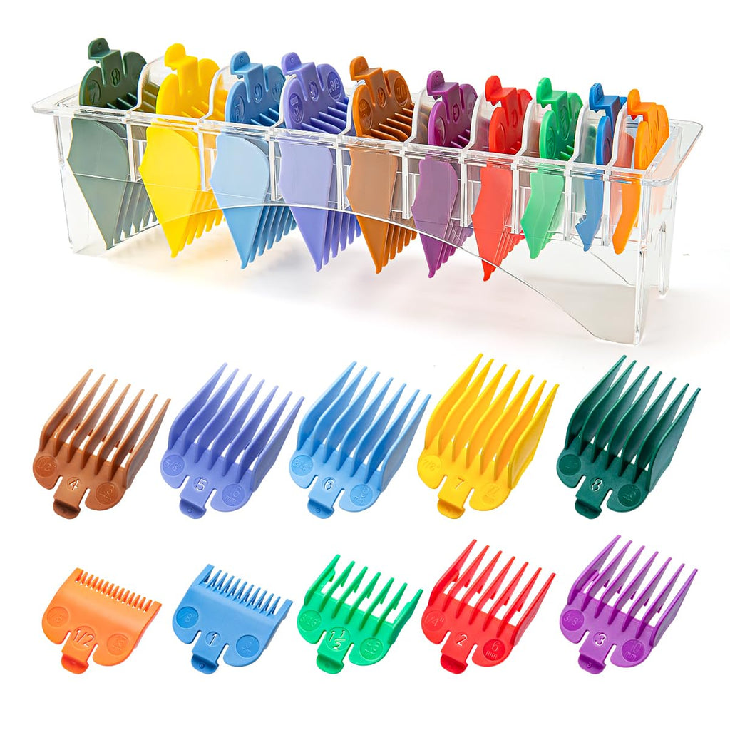 10 Professional Hair Clipper Guards Cutting Guides Compatible With Most Wahl Clippers (Not For All Models) With Organizer, Color Coded Clipper Combs Replacement - 1/16" To 1"