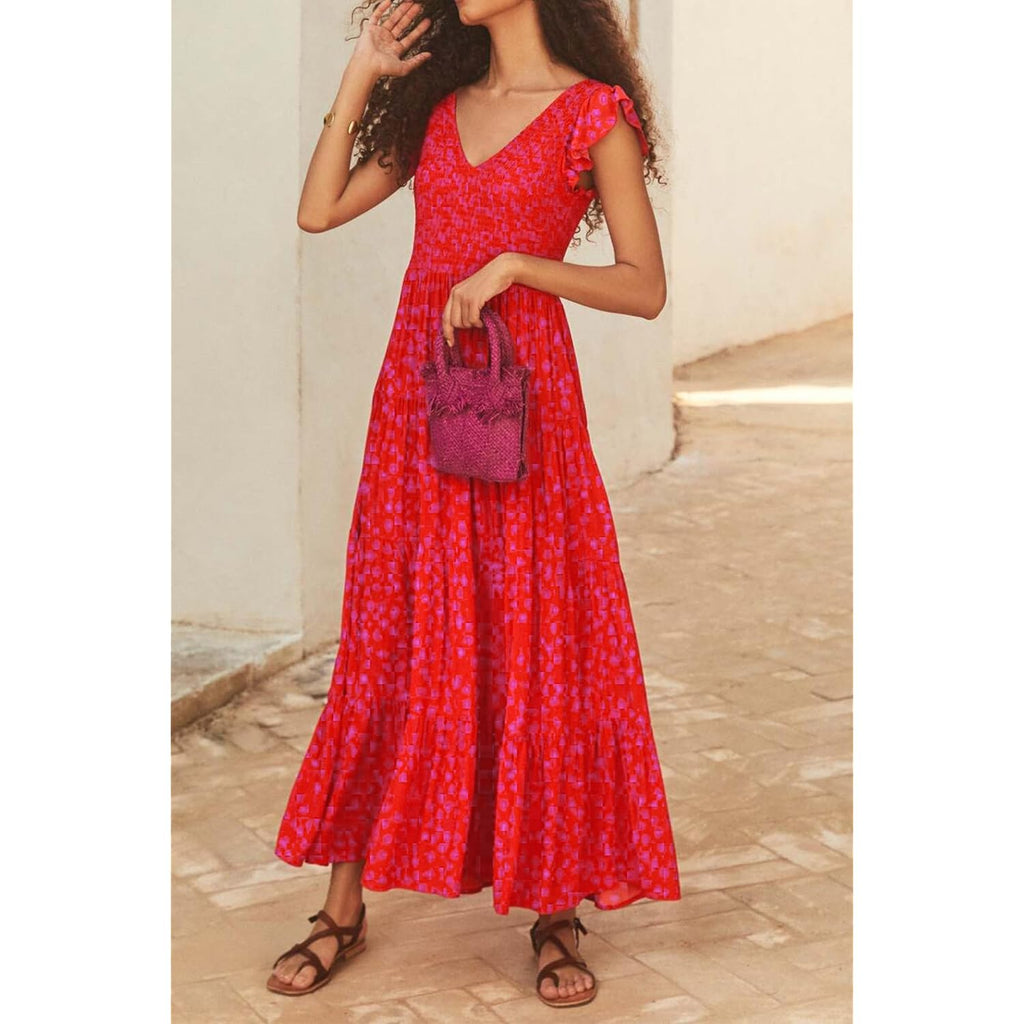 Prettygarden Women'S Summer Flowy Maxi Dress Casual Cap Sleeve V Neck Smocked Beach Sundress