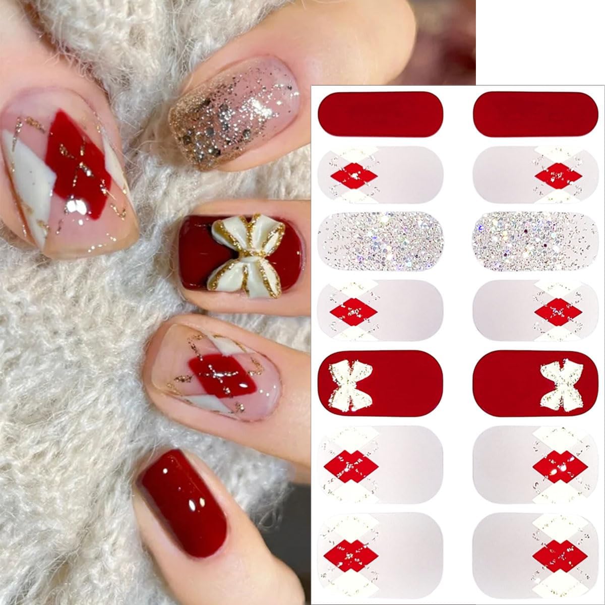 5 Sheets Valentines Day Nail Gel Stickers Cute Bow Heart Nail Polish Strips French Glitter Designs Cute Full Warps Gel Nail Strips Red Nails Polish Stickers for Women Holiday Manicure Decorations