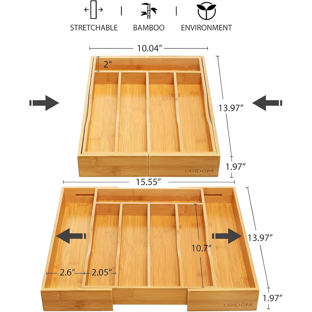 Expandable Bamboo Kitchen Drawer Organizer for Cutlery and Utensils, Adjustable Bamboo Wood Cutlery Tray in Drawer for Flatware and Silverware in Kitchen, (Natural)