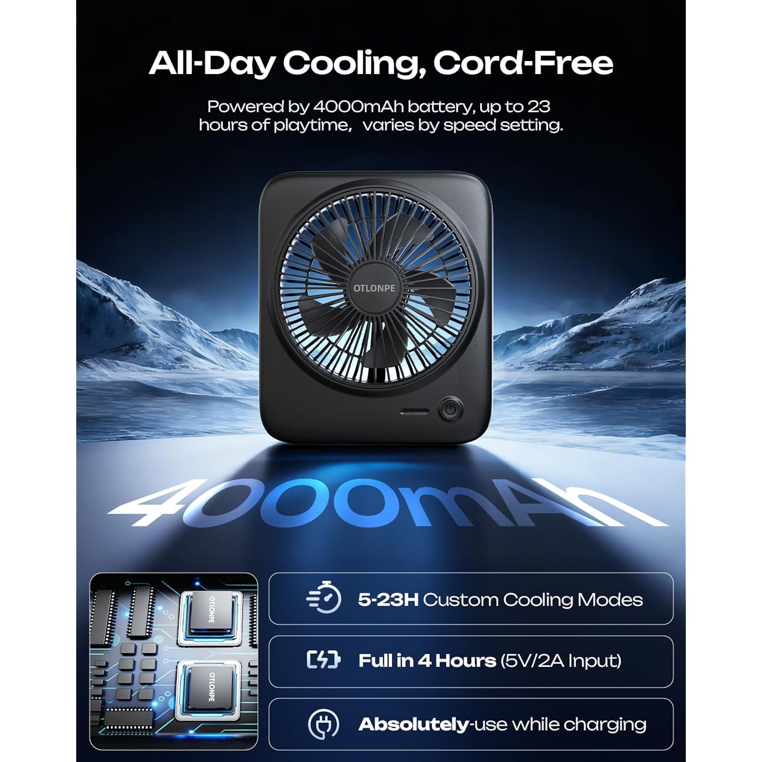 Otlonpe Personal Portable Desk Fan, 4000Mah Small Rechargeable Portable Fan Battery Operated & Usb Powered For Travel Sleeping Bedroom Office Home Table, Cordless, Quiet, 4-Speed, 6.5 Inch (Black)