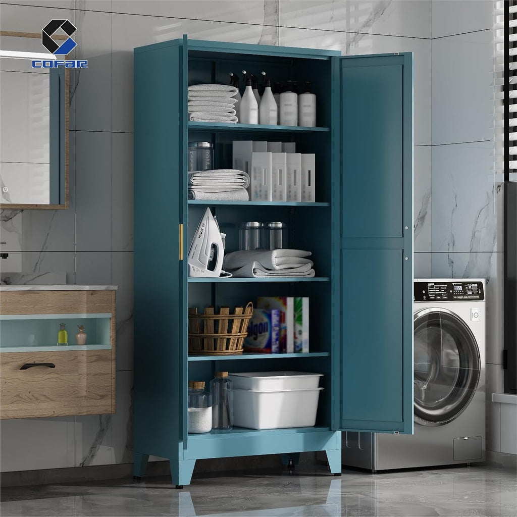 Cofar 71'' Tall Metal Storage Cabinet, Farmhouse Kitchen Pantry Cabinet With Doors And 4 Adjustable Shelves, Metal Pantry Storage Cabinets For Kitchen, Laundry, Peacock Blue 5-Tier