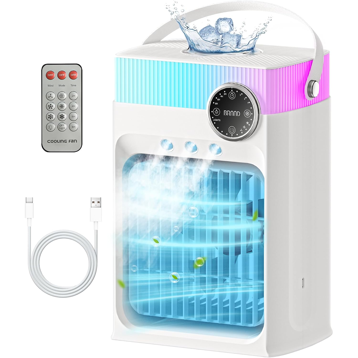 Portable Air Conditioners, Mini Portable Ac Unit For Bedroom, 1200Ml Small Cooling Fan With Remote, 3 Mist, 3 Speed, 8 Light, 2-8H Timer Personal Cooler Fans For Office Camping Car Desk(White)
