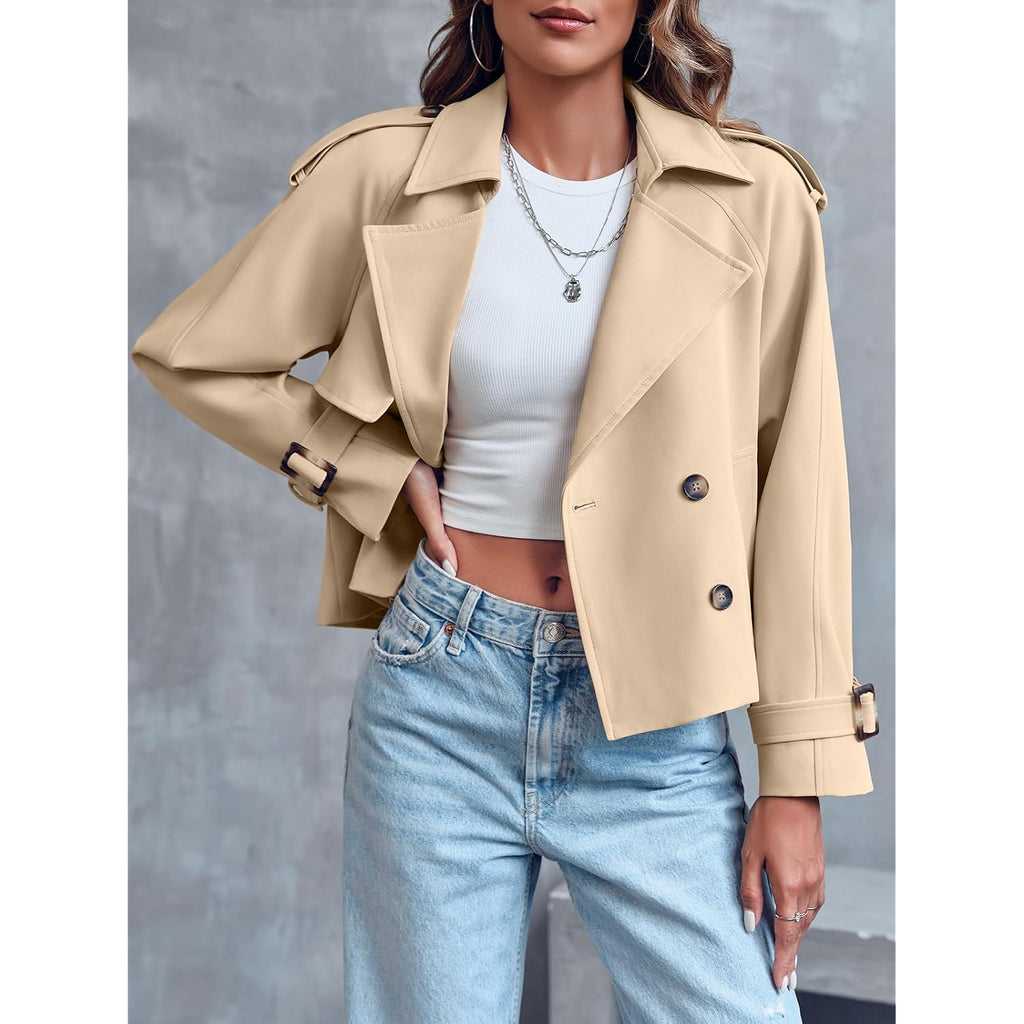 Saodimallsu Women Crop Double Breasted Trench Coat Raglan Sleeve Work Office Cropped Jacket With Pockets