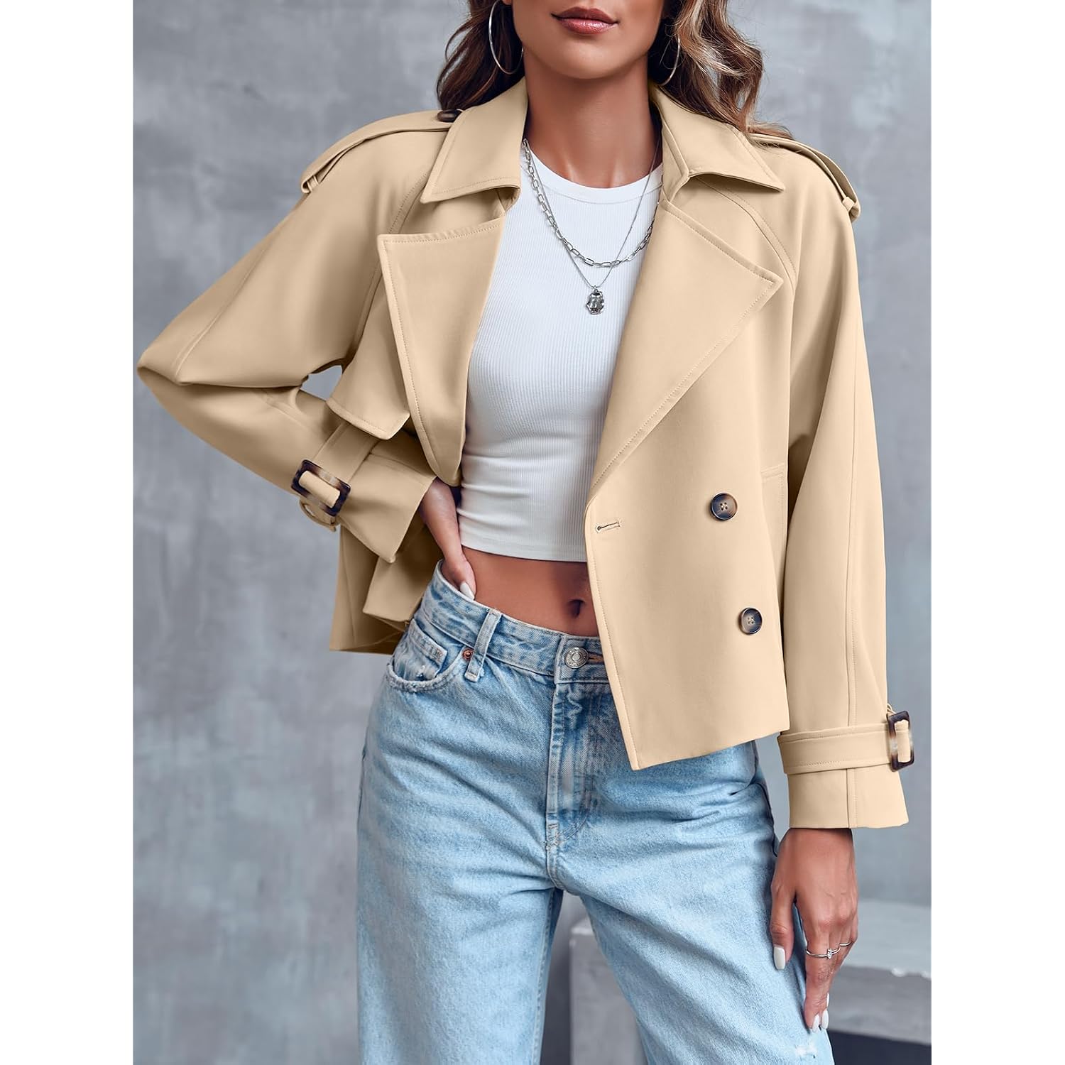 Saodimallsu Women Crop Double Breasted Trench Coat Raglan Sleeve Work Office Cropped Jacket With Pockets