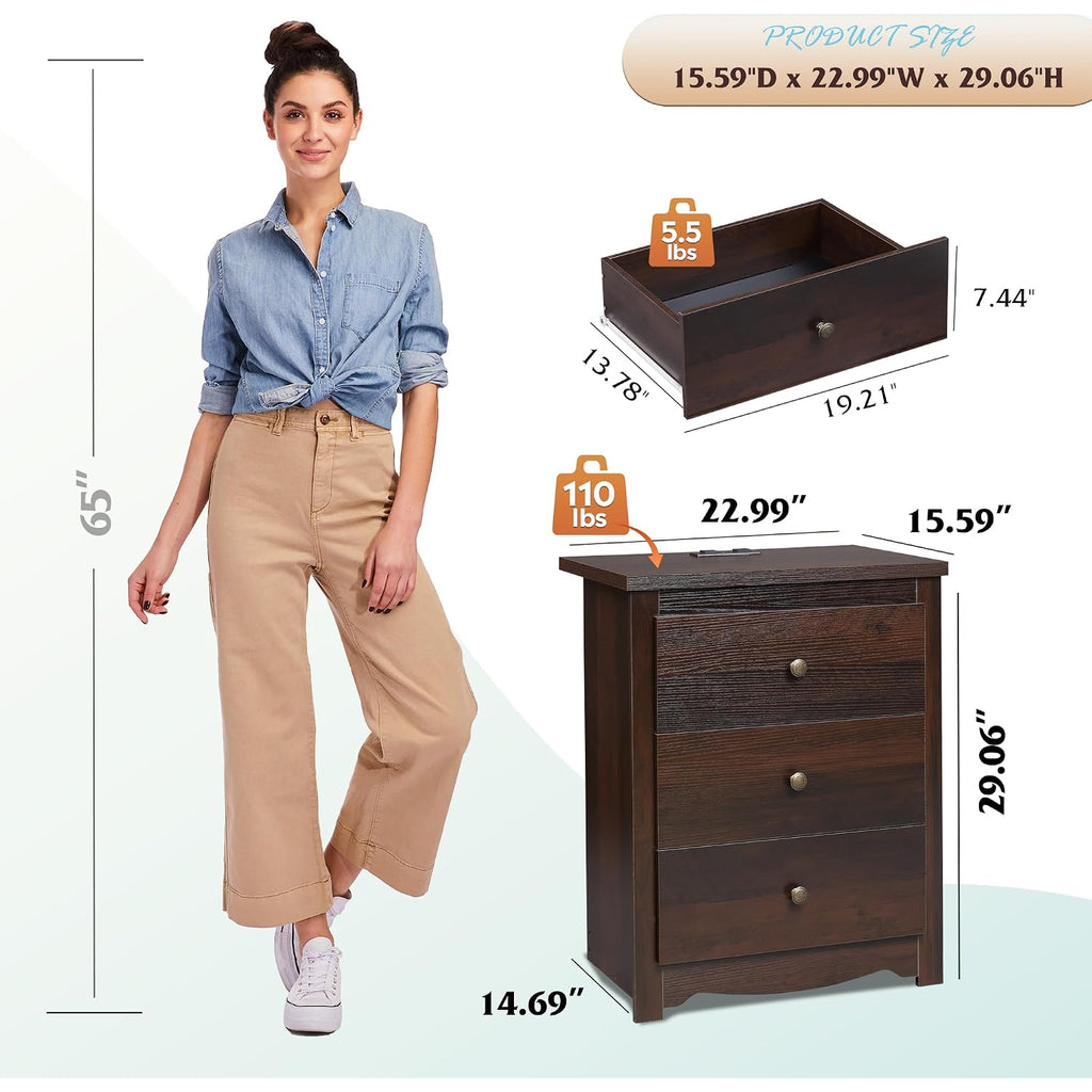 Wlive Tall Nightstand With Charging Station, Wood Night Stand With 3 Drawers Storage, Bedside Table End Side Tables With 2 Usb Ports And Outlets For Bedroom, Closet, Espresso