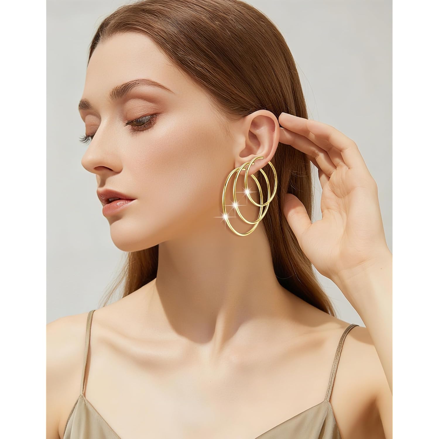 4 Pairs Silver Gold Hoop Earrings for Women 30/40/50/60 mm Stainless Steel 14K Gold Plated Hoop Earrings Hypoallergenic Big Thin Lightweight Dangle Set