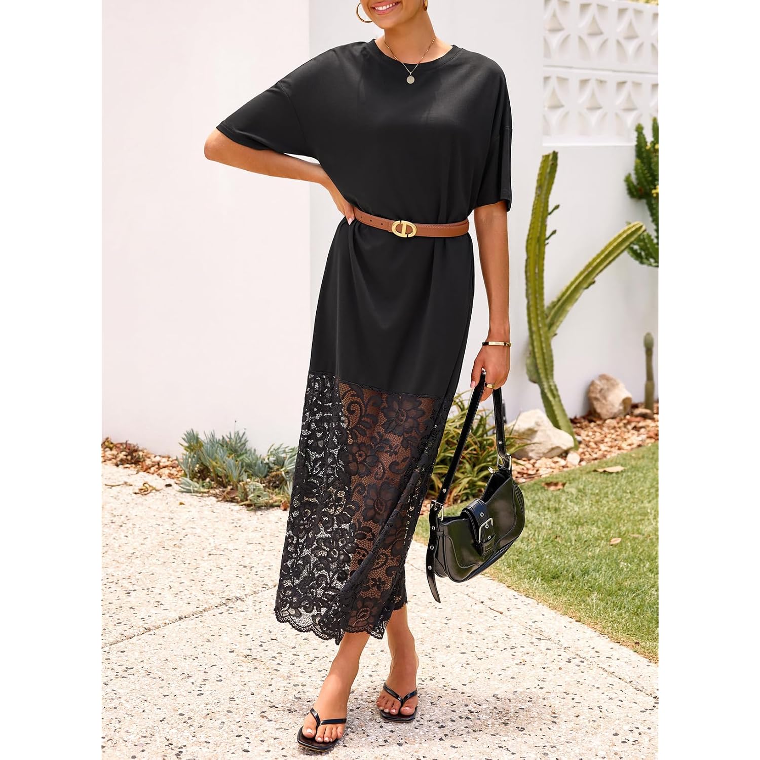 Lolong Womens Short Sleeve Lace Patchwork Maxi Dress Summer 2026 Crew Neck Casual Long Dresses