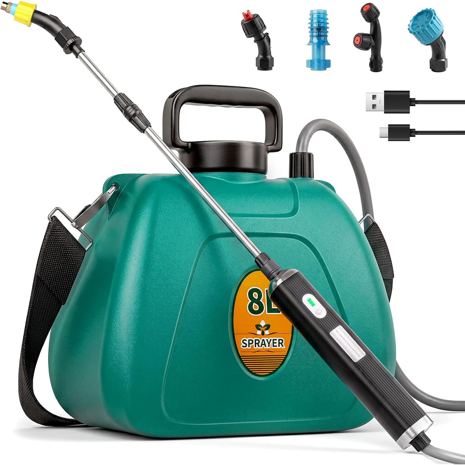 Battery Powered Garden Sprayer 2 Gallon, 7.4V High Pressure Rechargeable Weed Sprayer With 3 Pressure Mode, 5 Spray Nozzles, Telescopic Wand, Battery Indicator, Adjustable Strap For Lawn Garden, Green