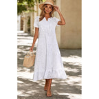 Chouyatou Women Summer Ruffle Hem Floral Lace Eyelet Dress Casual Notch Neck Midi Tunic Dress With Pocket