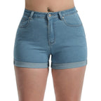 Women's High Waisted Summer Elastic Jean Shorts Folded Hem Hot Denim Shorts for Women