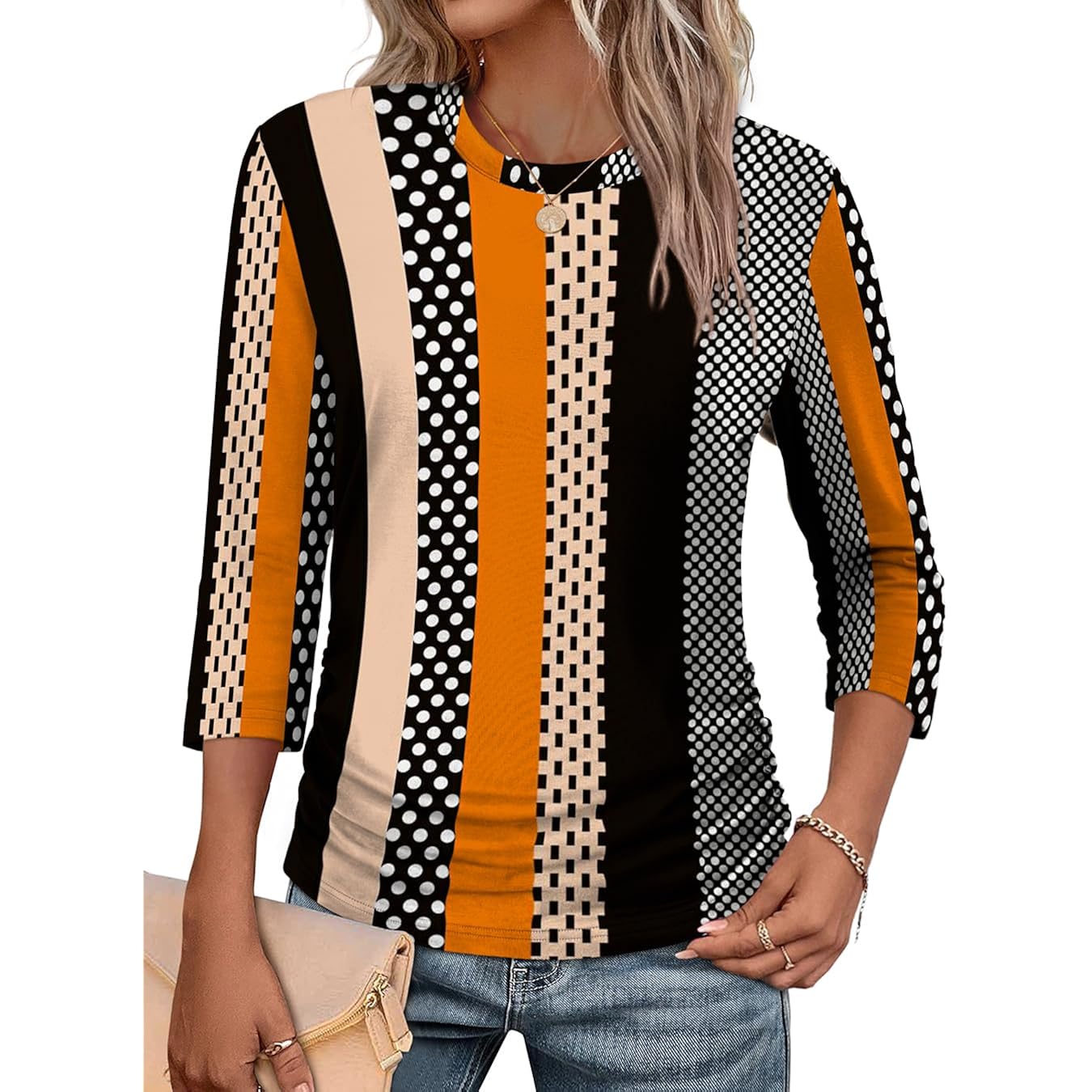 Wiholl Womens 3/4 Length Sleeve Tops Crewneck Ruched Summer Shirts 2026 Business Casual Outfits Blouses Spring Clothes