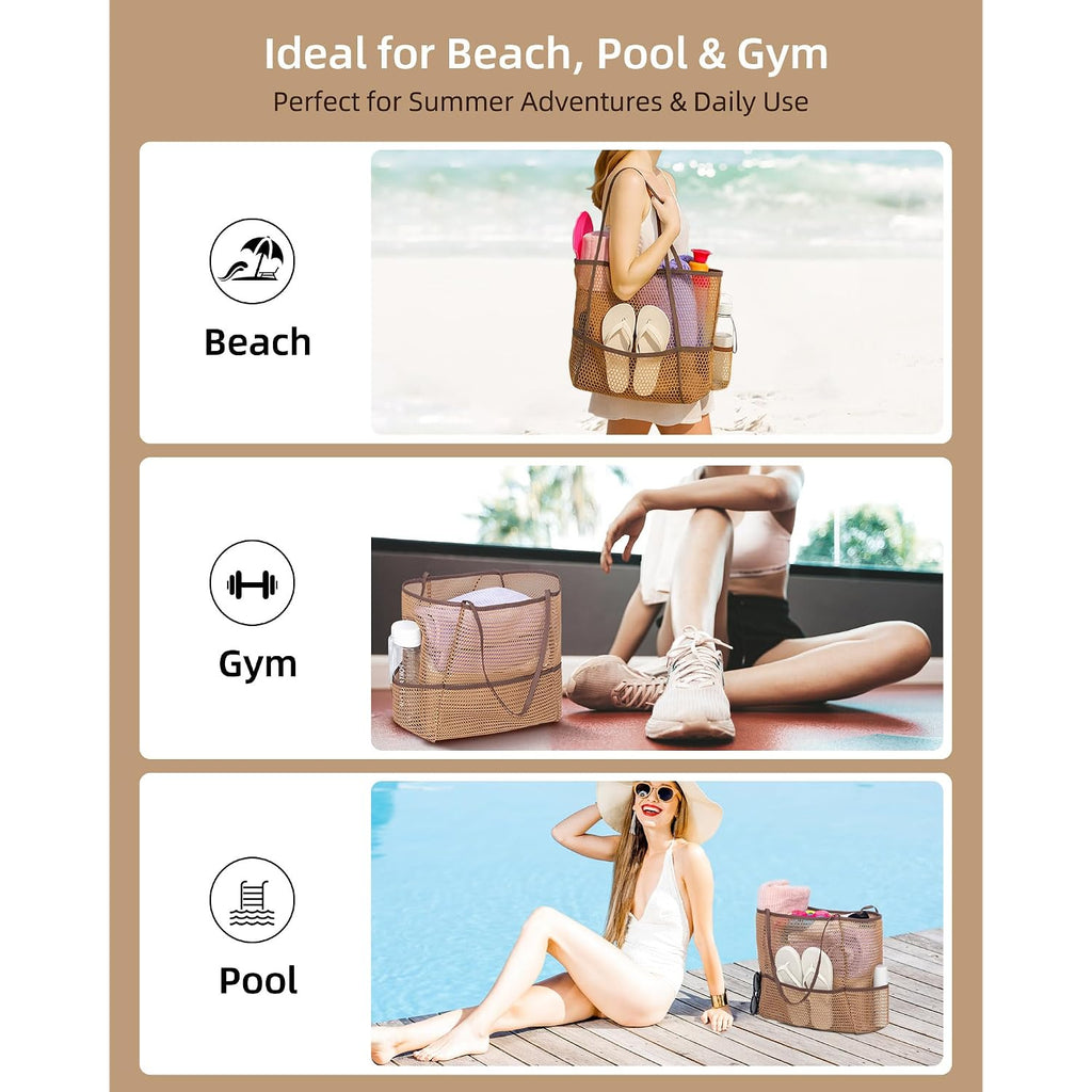 Mesh Beach Tote Bag Packable,2026 New 2-In-1 Large Lightweight Foldable Beach Bags With Multiple Pockets For Women