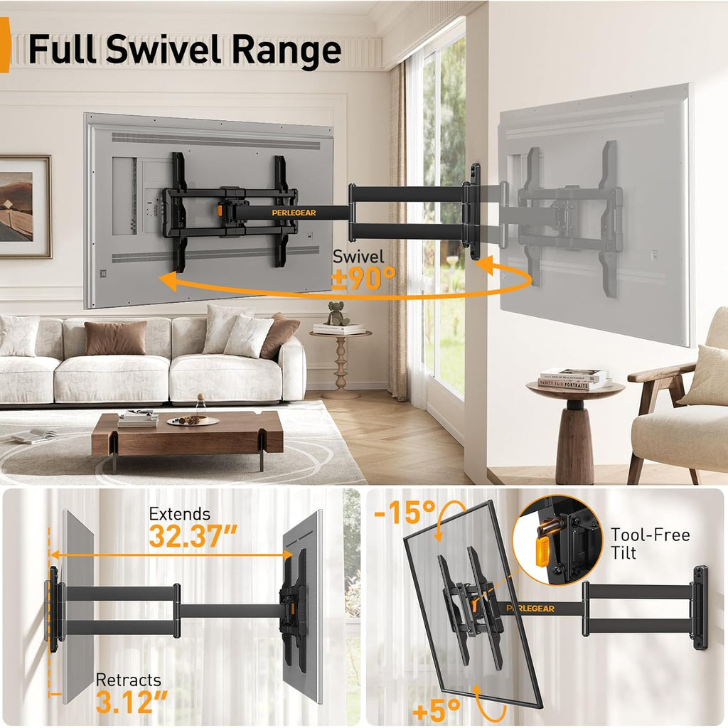 Perlegear Corner TV Wall Mount Long Arm TV Mount Bracket for 37-75 Inch TVs-Full Motion Wall Mount with 32.37” Extension & Swivel Articulating Arm & Tilt, MAX VESA 600x400mm, Holds up to 100 lbs