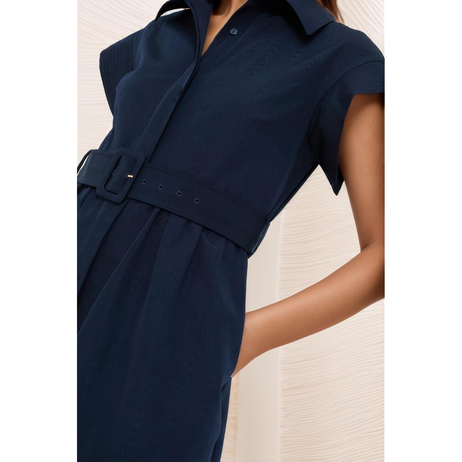 Ladyful Women Casual Button Down Shirt Dress Short Wing Sleeve Buiness Midi Shirt Dress With Belt Elegant Dress