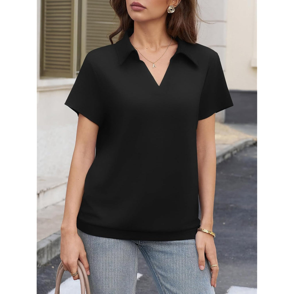 Short Sleeve Polo Shirts for Women Tennis Golf Shirt Business Casual Loose Collared V Neck Top Blouses