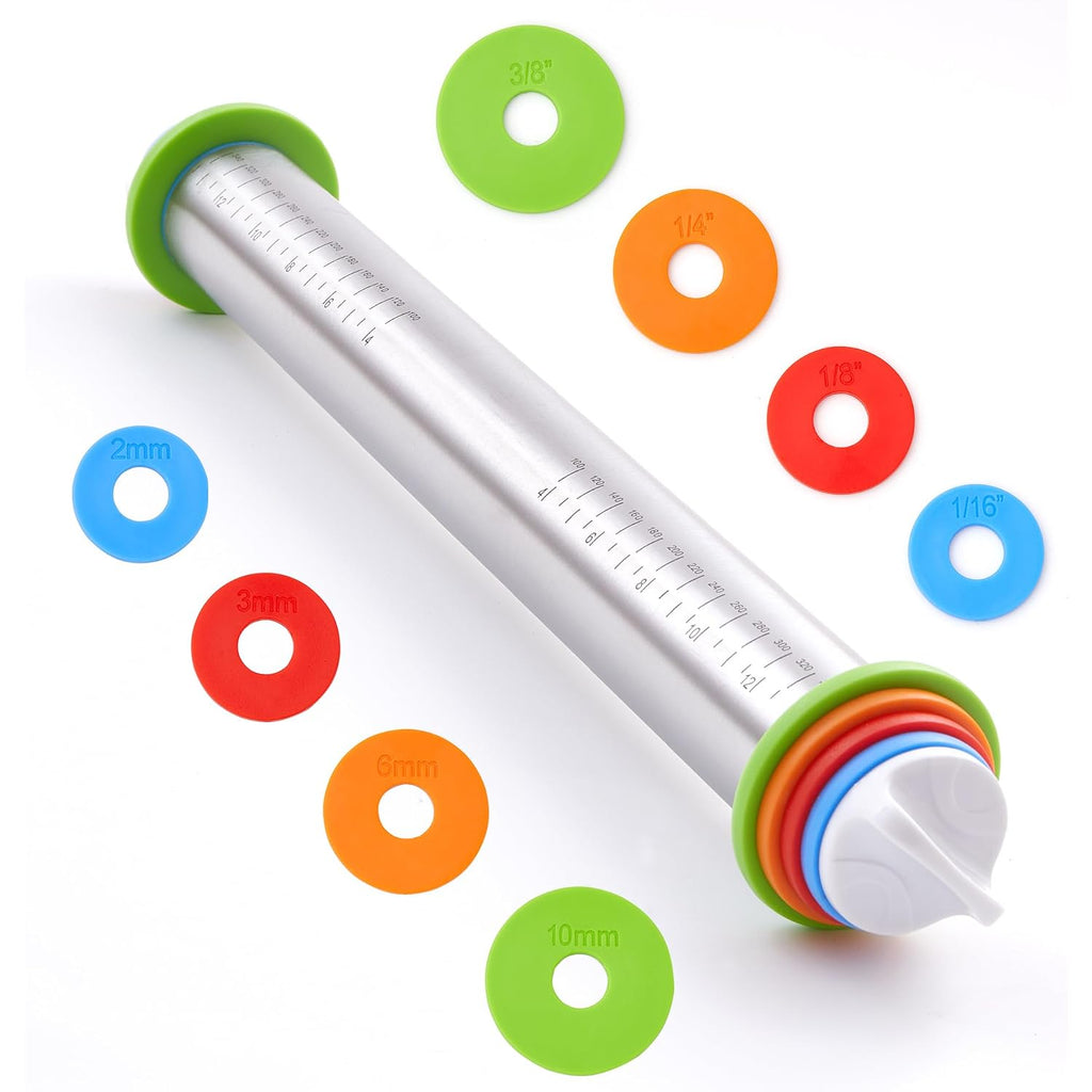 Rolling Pin With Thickness Rings, Fulimax 17" Adjustable Stainless Steel Rolling Pins For Baking, Dough Roller For Fondant Pizza, Pie, Pasta, Cookies, Cakes, Kitchen Baking Supplies
