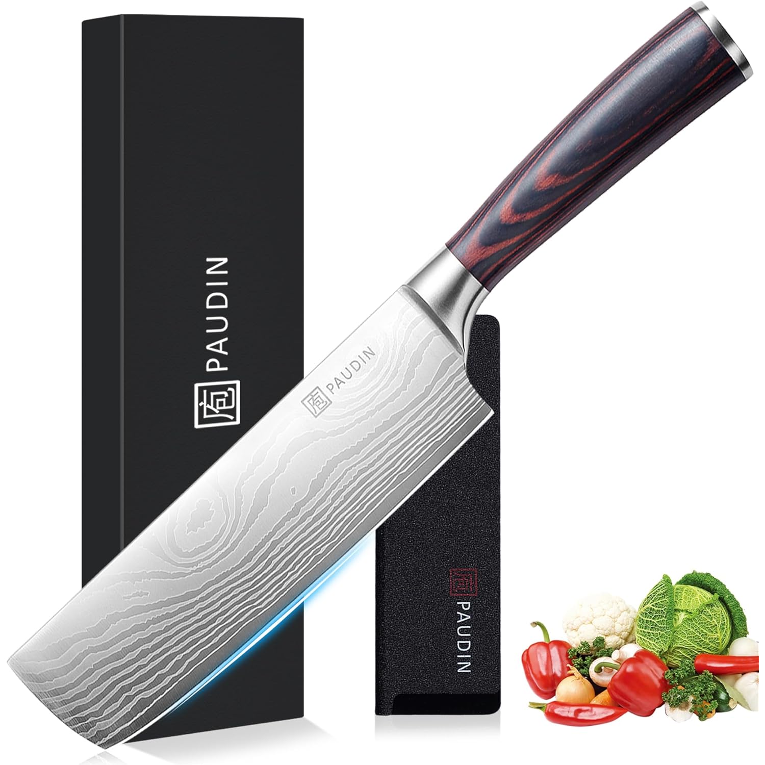 PAUDIN Nakiri Knife - 7" Razor Sharp Meat Cleaver and Vegetable Kitchen Knife, High Carbon Stainless Steel, Multipurpose Asian Chef Knife for Home and Kitchen with Ergonomic Handle