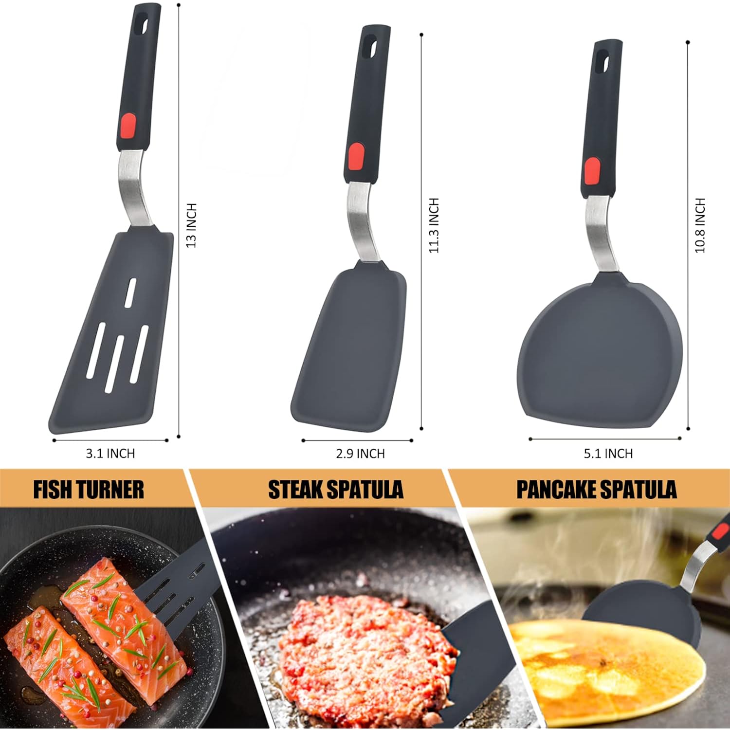 Silicone Spatula Turner Set Of 3, Beijiyi 600°F Heat Resistant Cooking Spatulas For Nonstick Cookware, Large Flexible Kitchen Utensils Bpa Free Rubber Spatula Set For Egg, Pancake, Fish, Burger