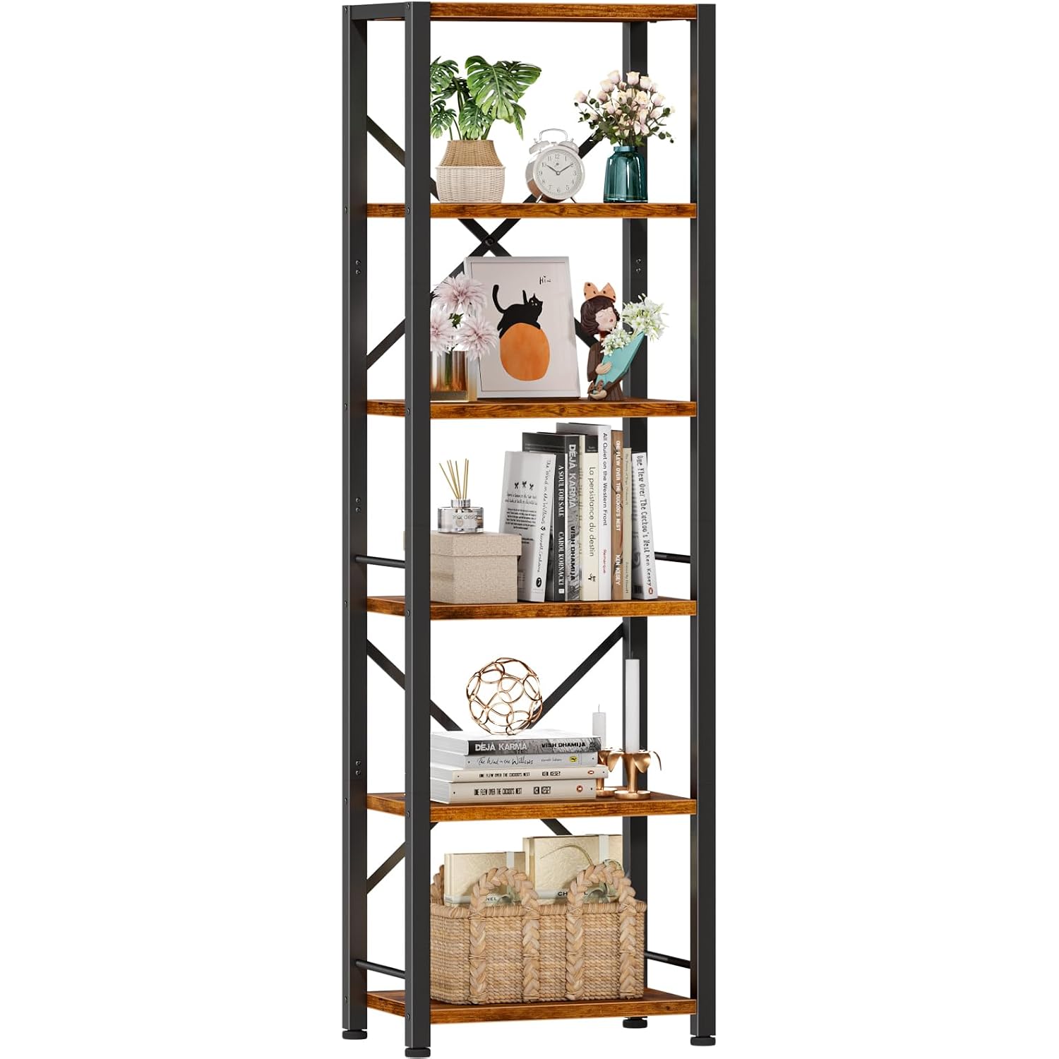 Furologee 6 Tier Tall Bookshelf, Industrial Narrow Bookcase, Display Standing Shelf Units, Metal And Wood Storage Rack Organizer For Living Room, Home Office, Entryway, Kitchen, Rustic Brown