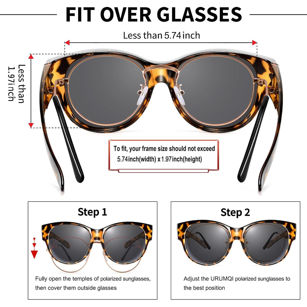 Sunglasses Over Glasses Women, Polarized UV400 Protection Fit Over Glasses Sunglasses for Women Round Cat Eye A01 Glossy Tortoise Frame/Grey Lens