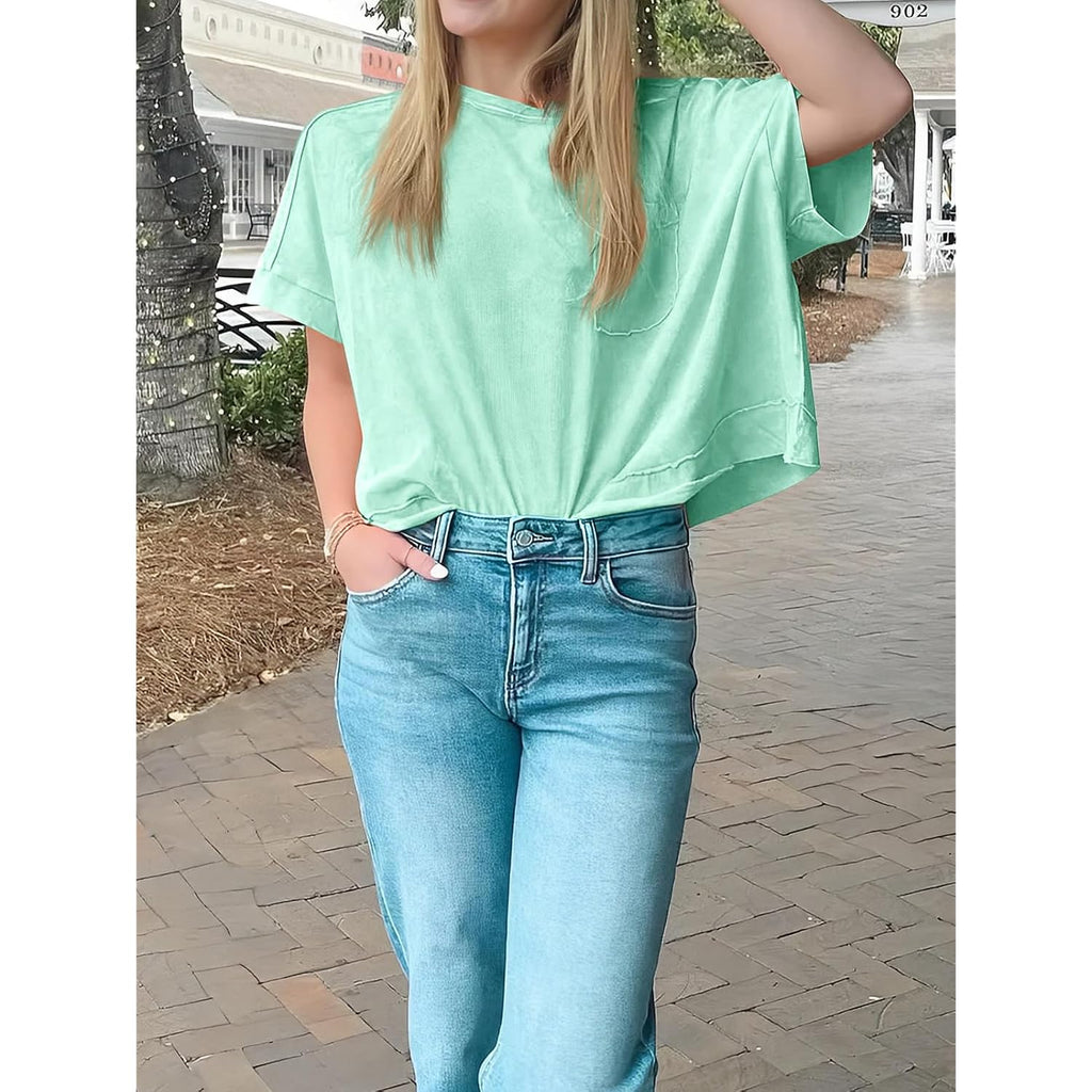 Cicy Bell Womens Summer Cropped T-Shirts Boxy Casual Short Sleeve Crew Neck Tops Acid Wash Cotton Loose Fit Tee Shirts