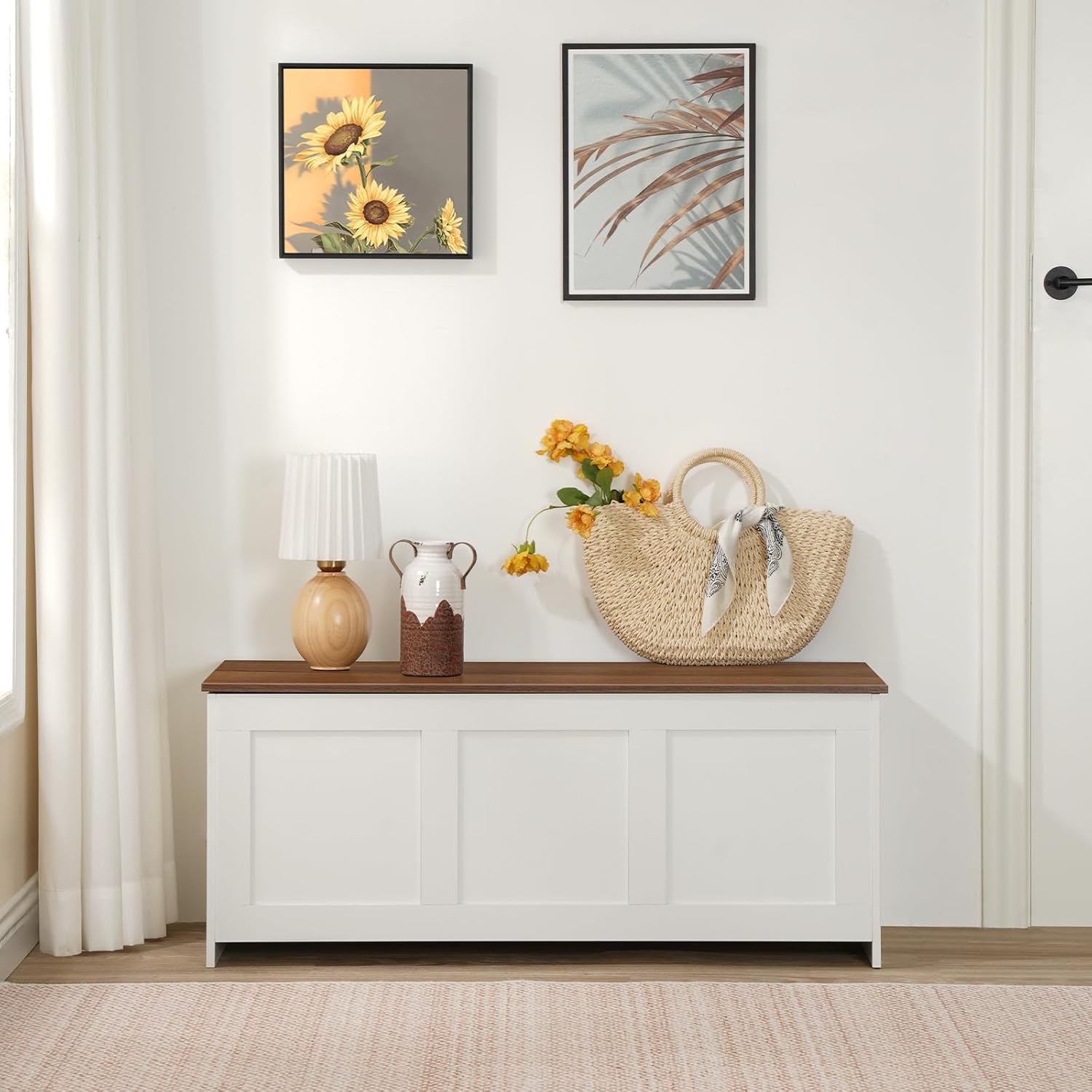 HOOBRO Storage Bench, 39.3" Retro Wooden Storage Chest, Wooden Storage Trunk, Toy Chest with Lift Top, Multifunctional Entryway Organizer, for Entryway, Living Room, White and Walnut WH141CW01