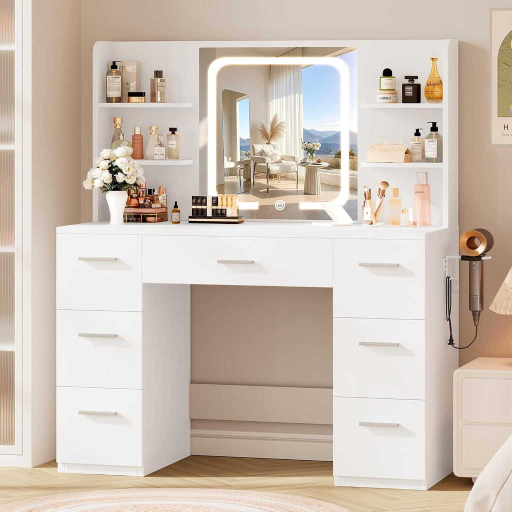 Livelyglow 43" Large White Makeup Vanity Desk With Charging Station | Smart Led Mirror, Hairdryer Holder, 7 Drawers, 4 Shelves
