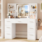 Livelyglow 43" Large White Makeup Vanity Desk With Charging Station | Smart Led Mirror, Hairdryer Holder, 7 Drawers, 4 Shelves