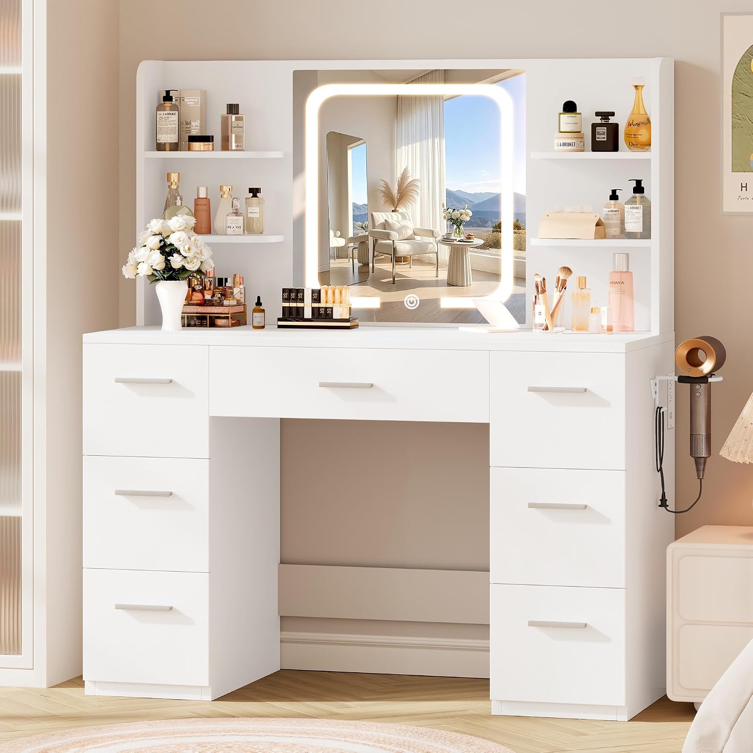 Livelyglow 43" Large White Makeup Vanity Desk With Charging Station | Smart Led Mirror, Hairdryer Holder, 7 Drawers, 4 Shelves