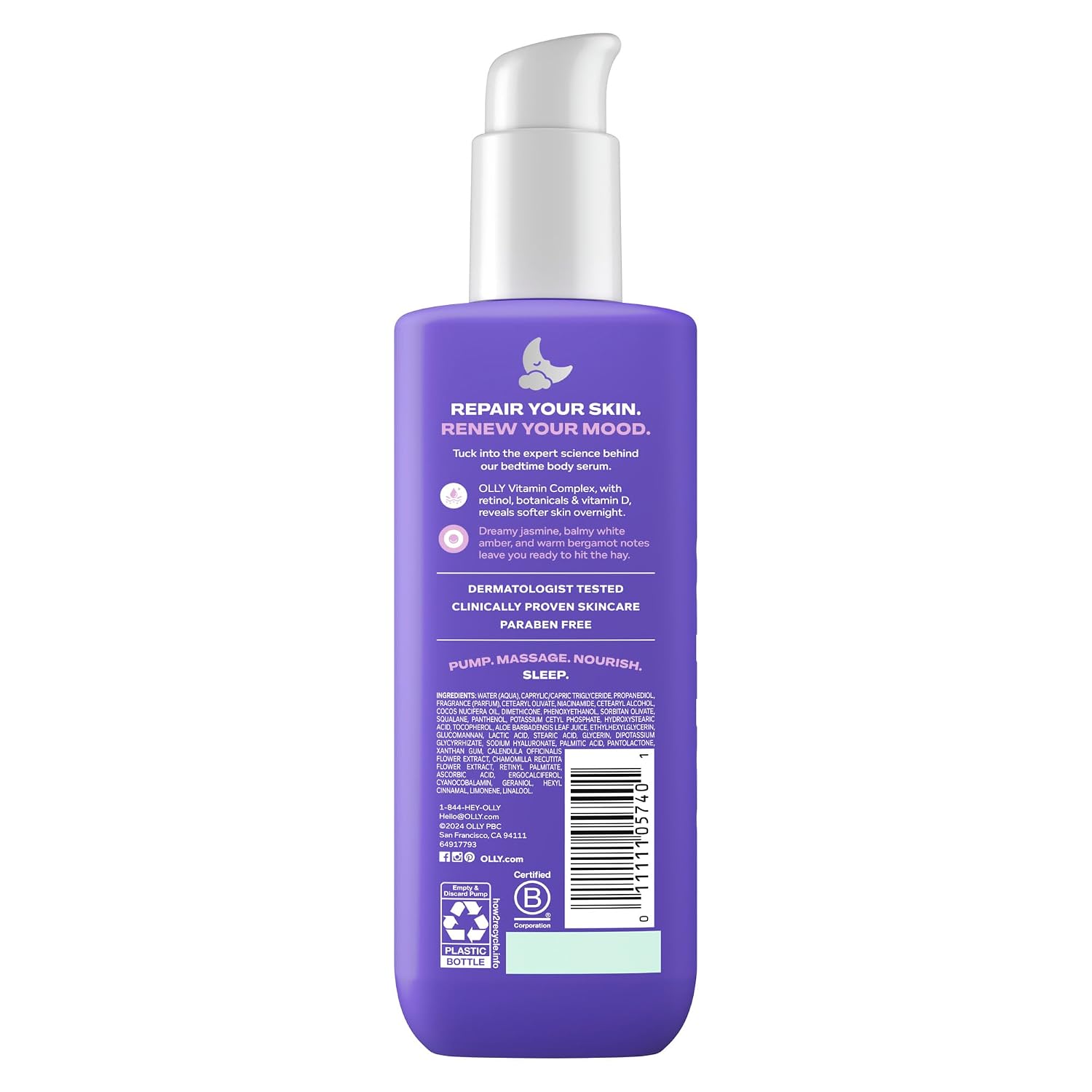 Olly Renew Body Lotion-Serum With Vitamin D, Retinol & Botanicals – Nourishing Cleanser For Skin Barrier Repair, Deep Hydration, Jasmine Bergamot Scent, 8Oz