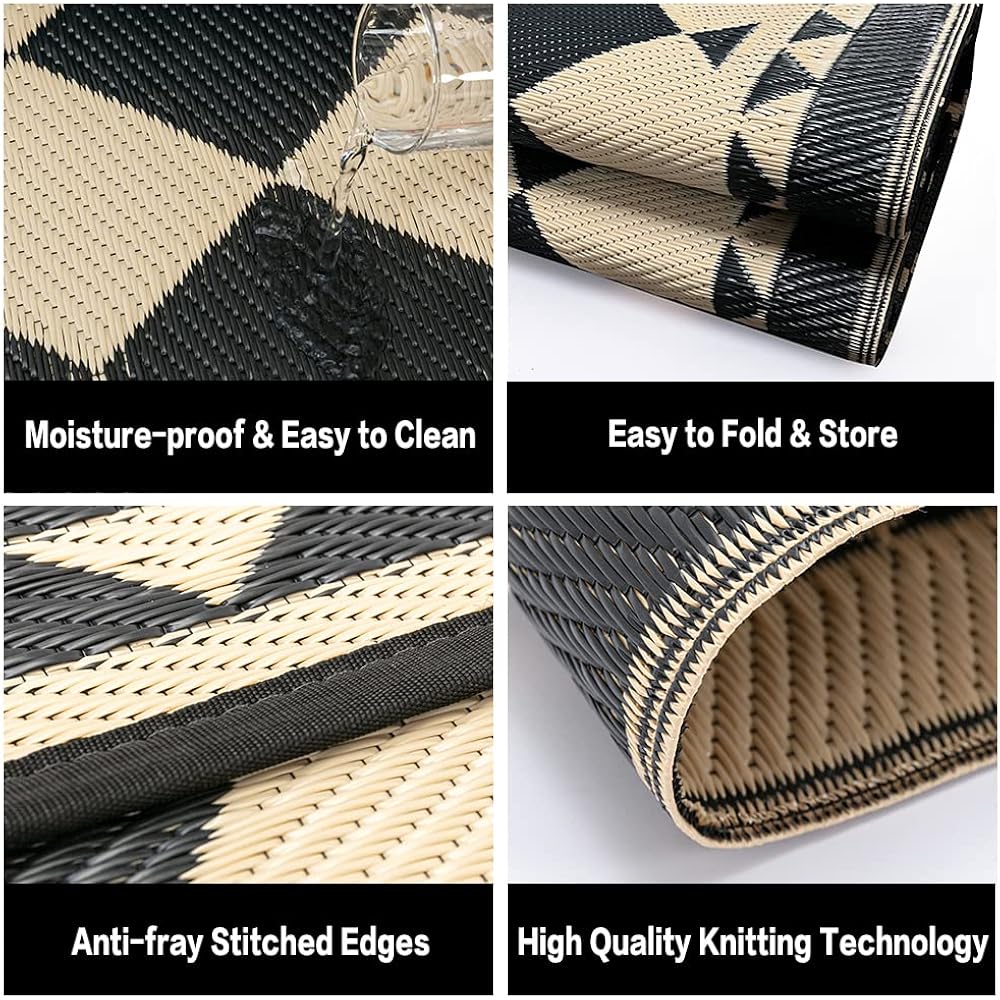 Outdoor Rug For Patios Clearance,Waterproof Mat,Large Outside Carpet,Reversible Plastic Straw Camping Rugs,Rv,Porch,Deck,Camper,Balcony,Backyard (8X10,Checkered/Black&Beige)