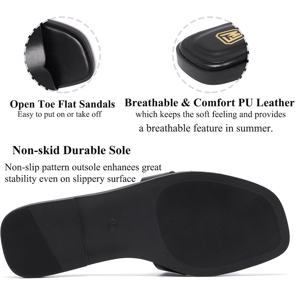 Women'S Flat Sandals Dressy Comfortable Slide Sandals Fashion Square Open Toe Slip On Beach Sandals For Summer