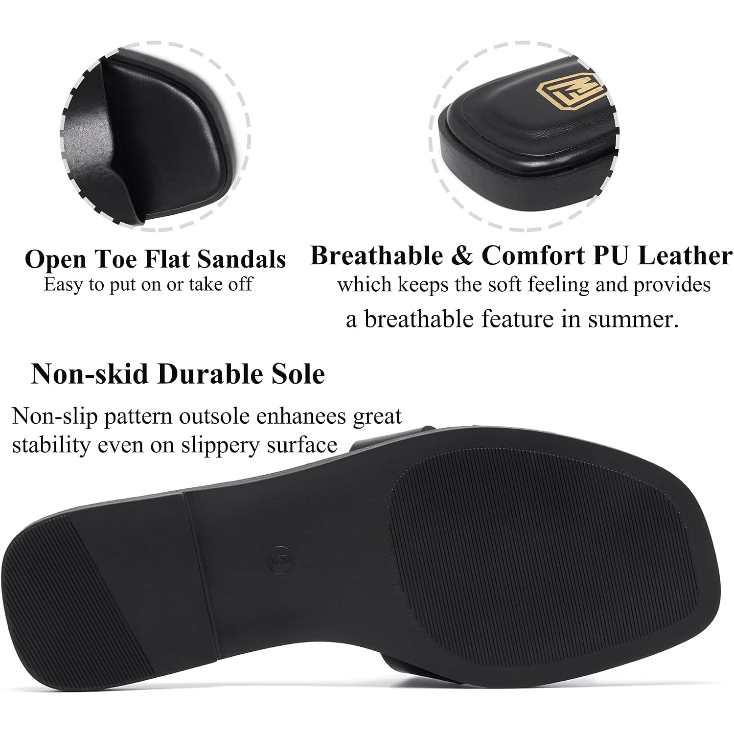 Women'S Flat Sandals Dressy Comfortable Slide Sandals Fashion Square Open Toe Slip On Beach Sandals For Summer