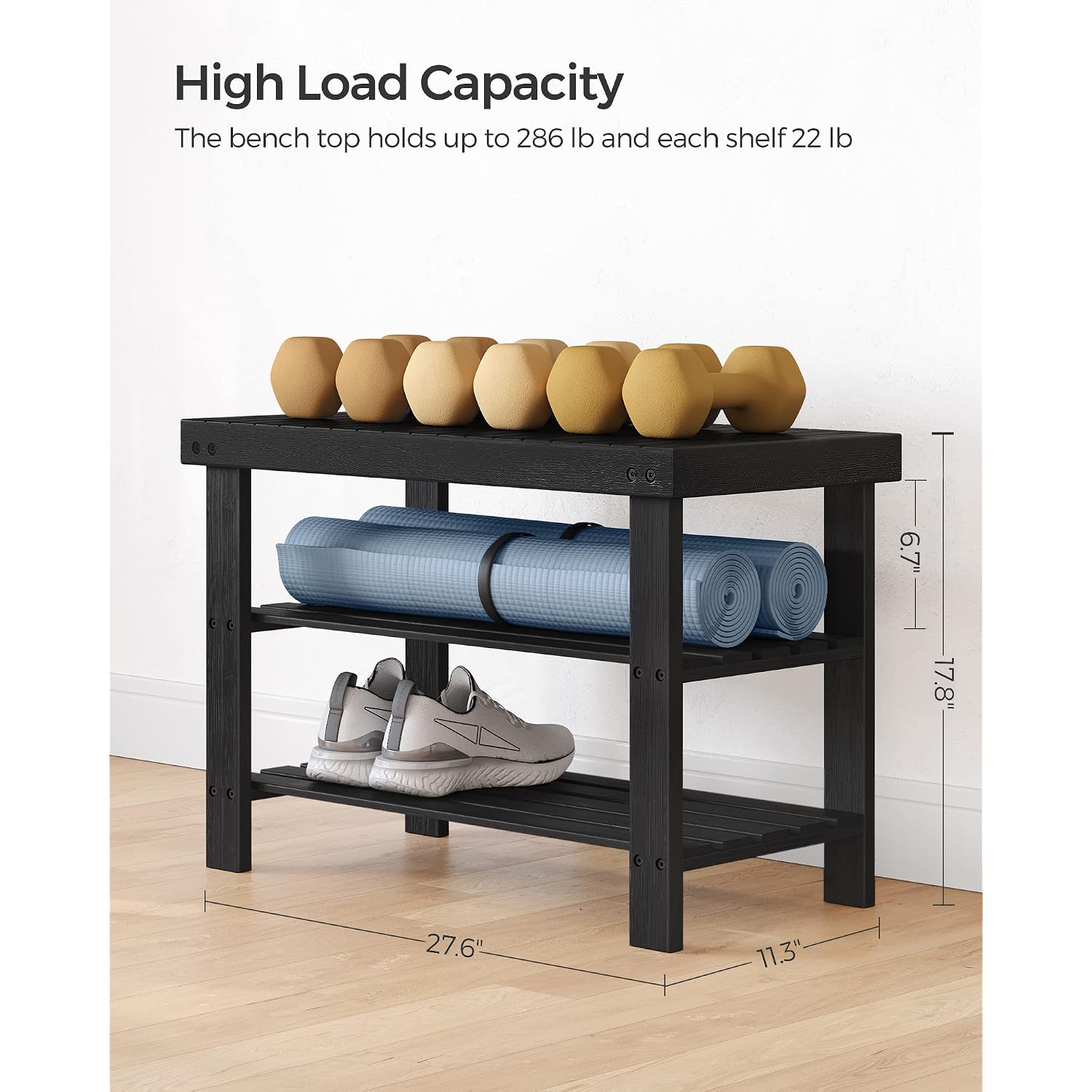 Songmics Shoe Rack Bench, 3-Tier Bamboo Shoe Storage Organizer, Entryway Bench, Holds Up To 286 Lb, 11.3 X 27.6 X 17.8 Inches, For Entryway Bathroom Bedroom, Ink Black Ulbs04H