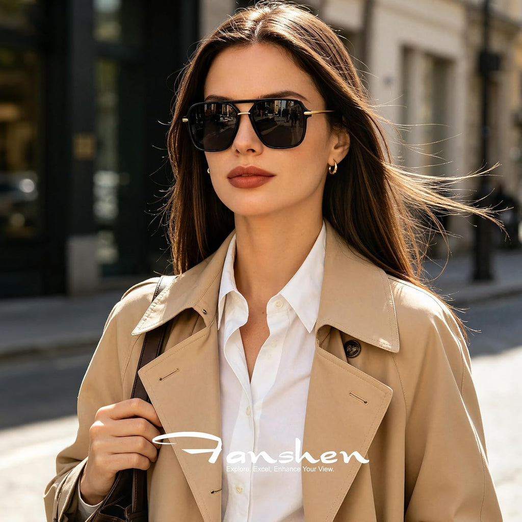 Fanshen Trendy Sunglasses Womens Men, Square Aviator Polarized Sun Glasses UV Protection for Driving, Travel & Everyday Wear A01 Black