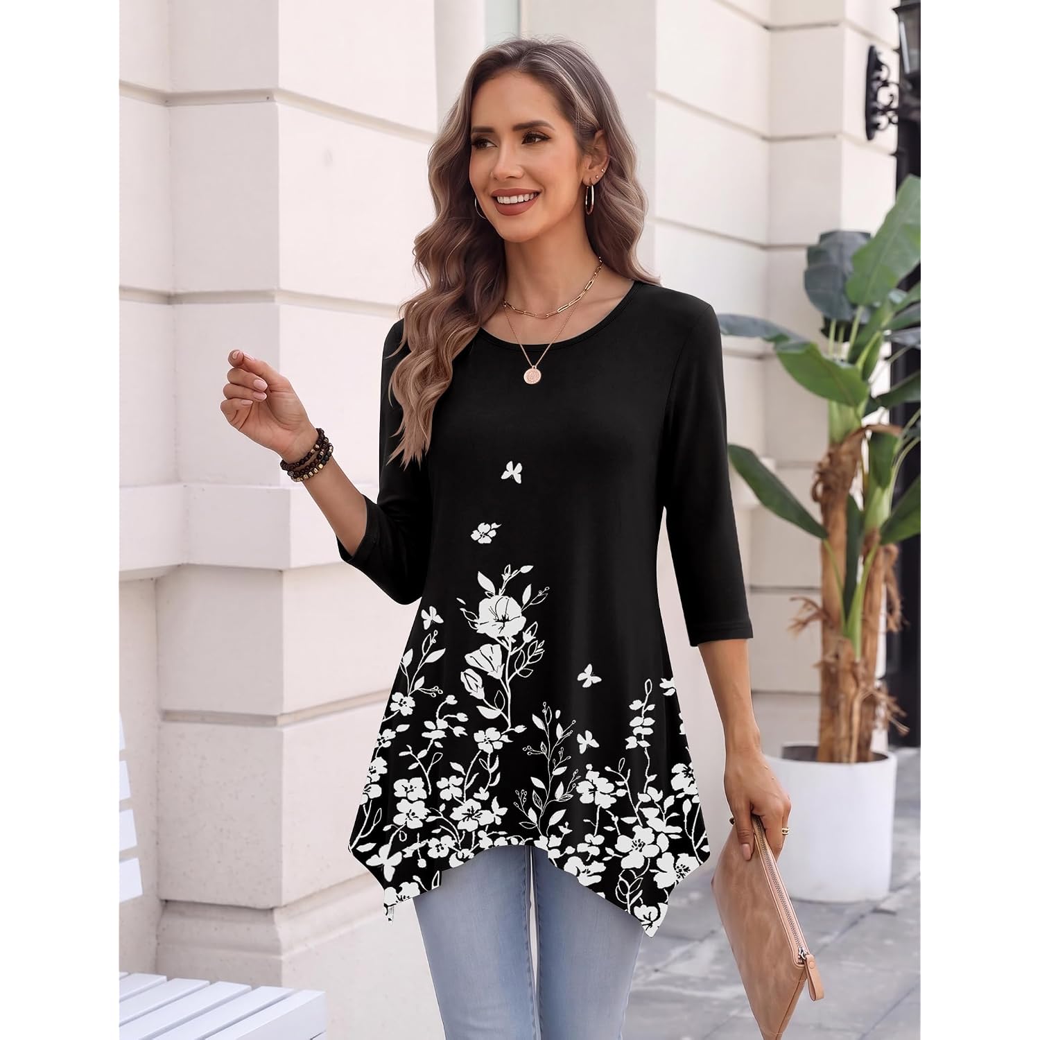 Zeagoo 3/4 Sleeve Womens Tops Dressy Casual Tunics To Wear With Leggings Loose Fit Cute Blouses 2026 Trendy