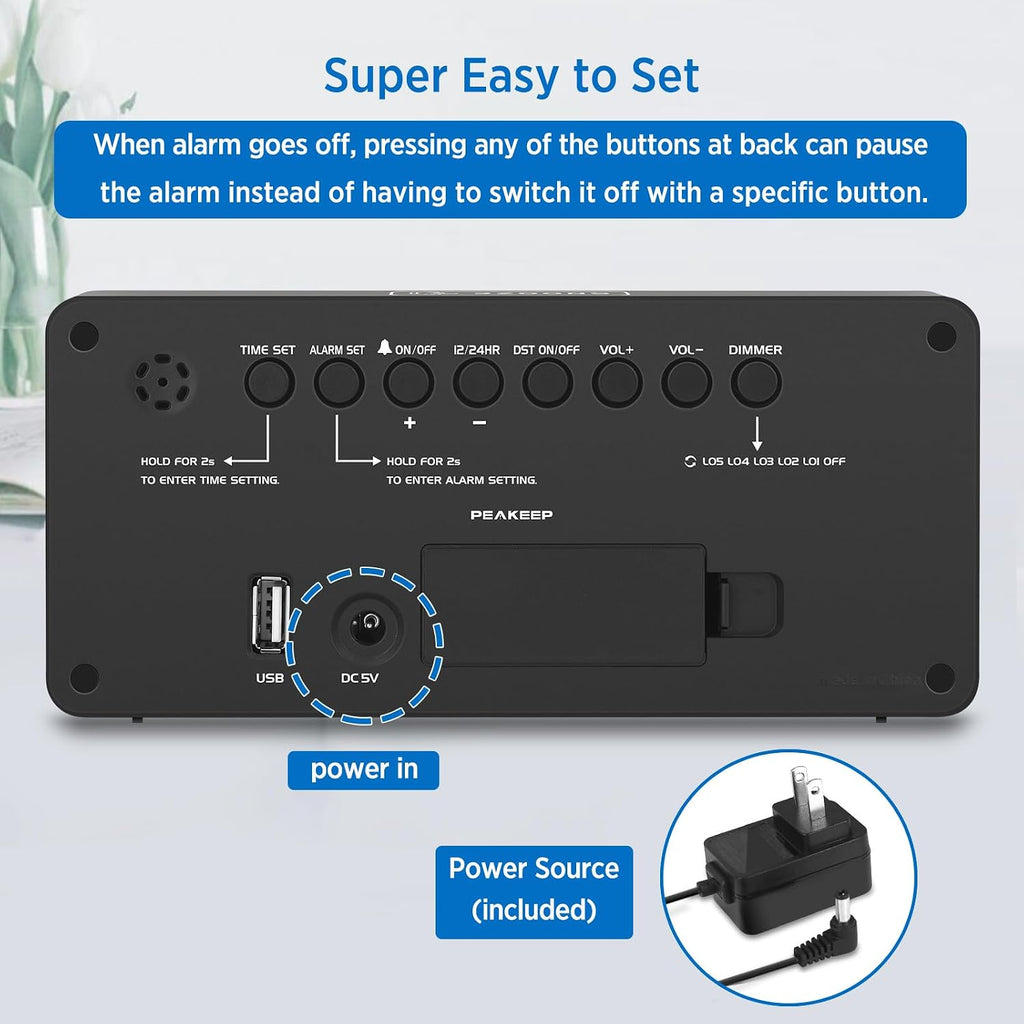 Peakeep Digital Alarm Clock For Bedrooms Bedside, Loud For Heavy Sleepers | Large Big Led Numbers Dimmable For Seniors, Battery Backup Plug In Electric Clock With Usb Charger (Blue)