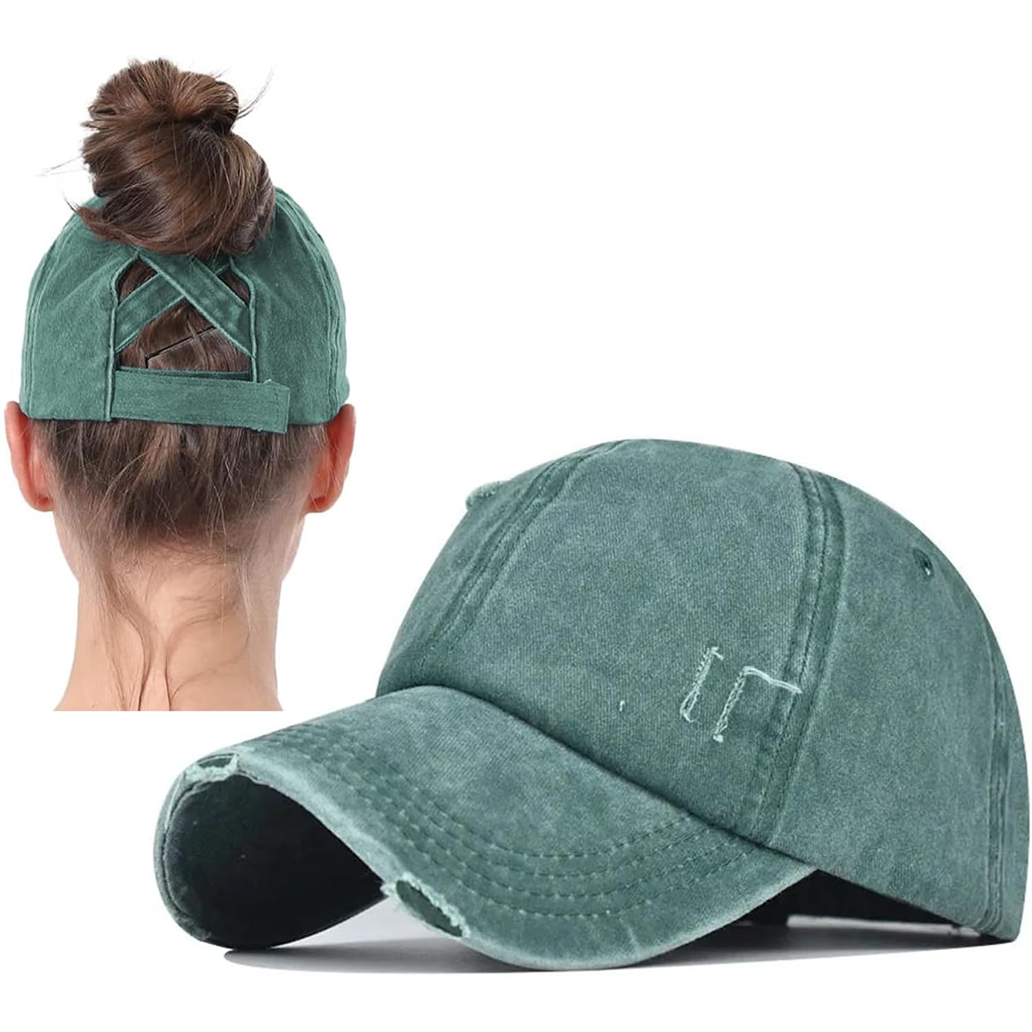 2 Packs Distressed Ponytail Hat For Women Criss Cross Hat Baseball Cap Pony Tail Caps High Bun