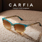 CARFIA Designer Acetate Womens Polarized Sunglasses Fit Most Face Shapes Trendy Shades UV Protection Hypoallergenic Handmade 1. Blue&brown Floral Frame Gradient Brown Lens
