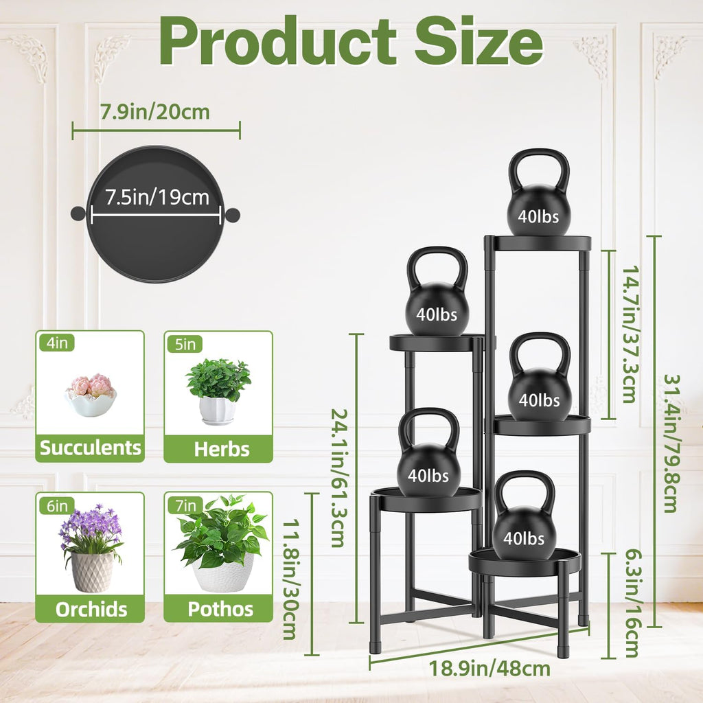 Plant Stand Indoor Outdoor, 5 Tier Corner Metal Flower Display Holder Shelf, Folding Tall Orchid Rack For Patio Balcony Porch Garden Living Room House, Black